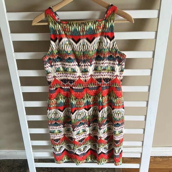 Maggy London Ikat Stipe Woven Boho Sheath Dress Square Neck Size 6P - Picture 3 of 13